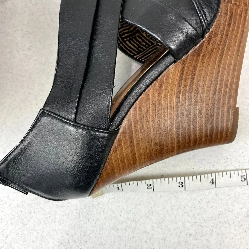Seychelles Black Leather Risky Business Wedge Sandals 8